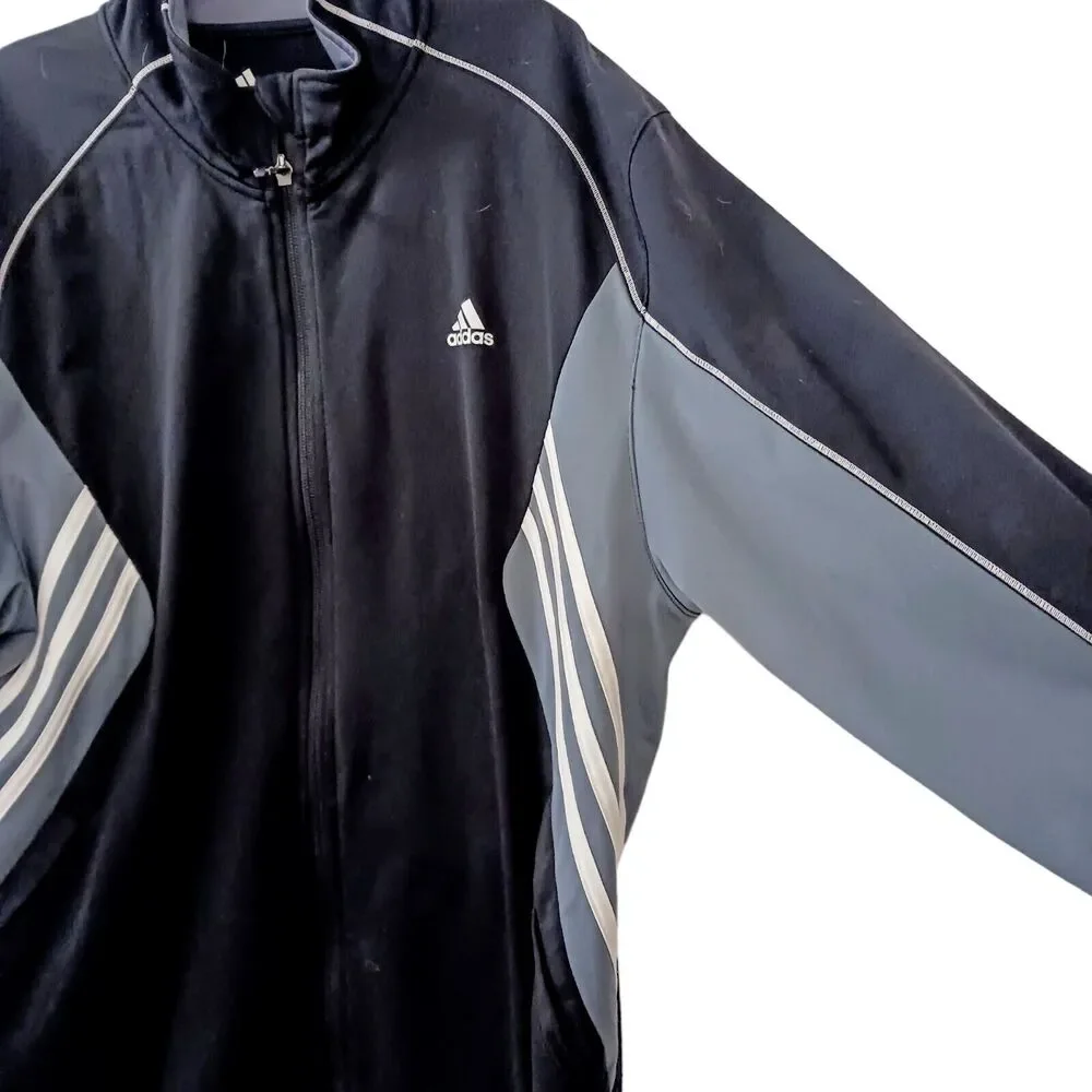 Y2K Adidas Track Jacket Men's Sz L Black GRAY WHITE STRIPES Zipper Retro Vintage